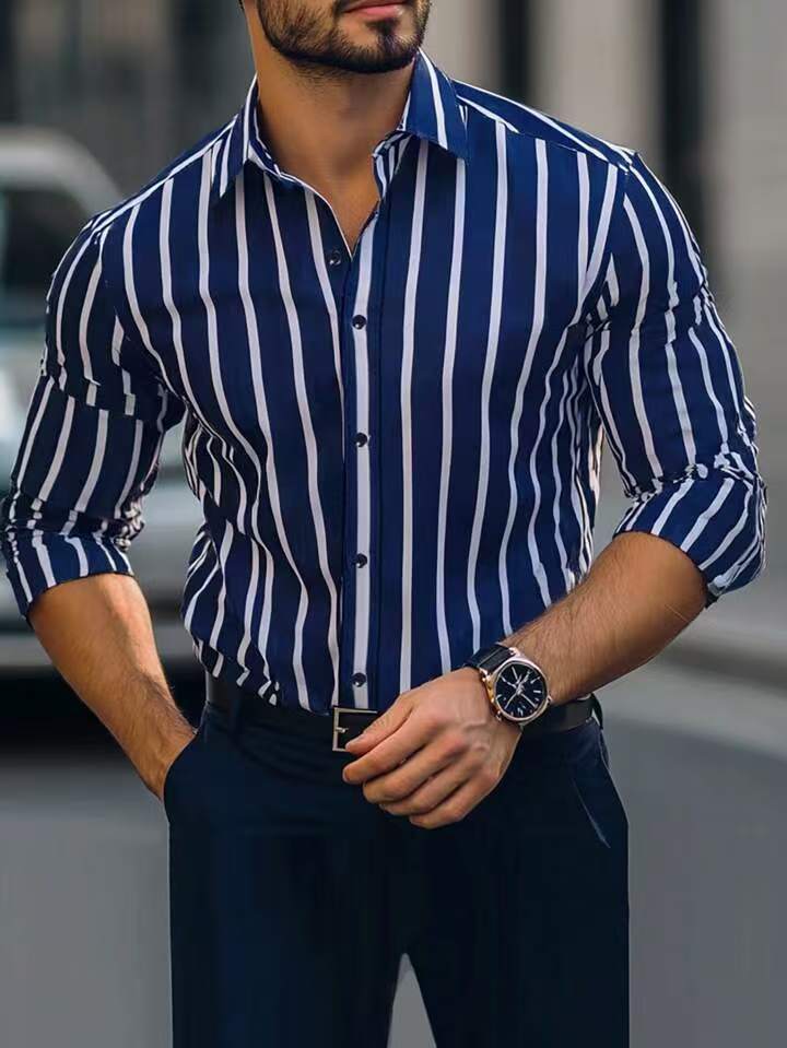 Striped Printed Casual Four-way Stretch Long Sleeve Shirt For Men