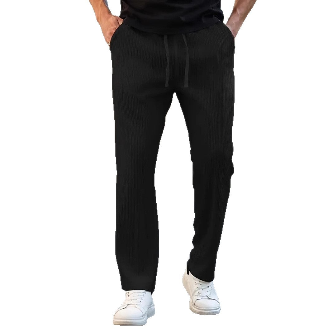 Men's Pleated Plain Color Casual Belt Drawstring And Pocket Spring Ice Feeling Straight-leg Trousers