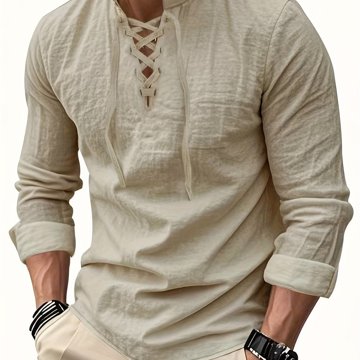 Long-sleeve Cotton-linen Open-chest Drawstring Shirt Men's Shirt Polo Shirt