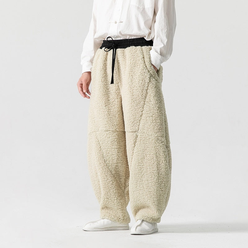 Plus Size Japanese Lamb Wool Chinese Style Solid Color Fleece Cotton Pants