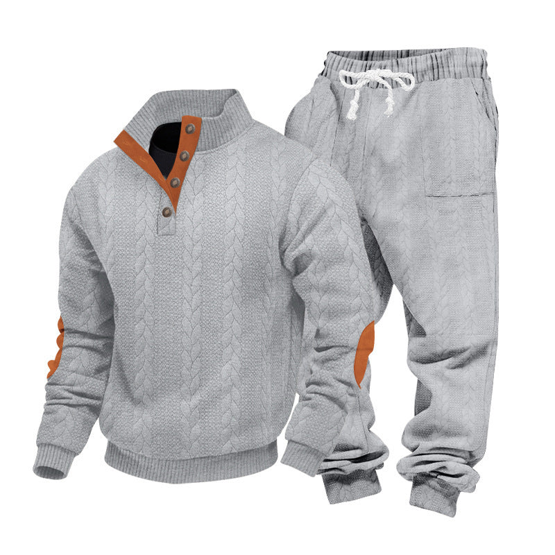 Men's Loose Stand Collar Henley Sweatshirt Casual Pants Set