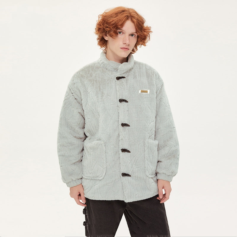 Solid Color Age-reducing Plush Coat Rabbit Fur Horn Button Cotton-padded Coat