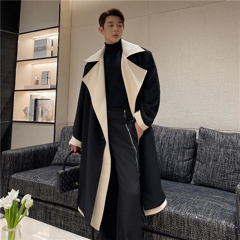 Fashionable Contrast Color Large Lapel Mix And Match Bandage Dress Fake Two-piece Suit Coat