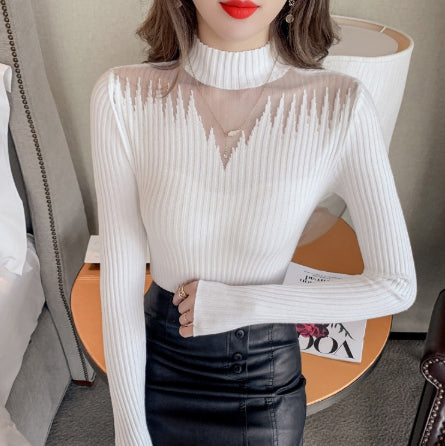 MeshPanel HalfHigh Neck Knitted Base Sweater For Women SlimFit Innerwear Stylish Top