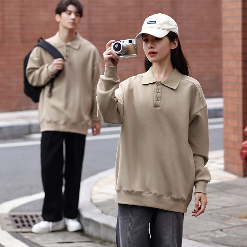 Loose-fit Lapel-collar Drop-shoulder Hoodie Without A Hood