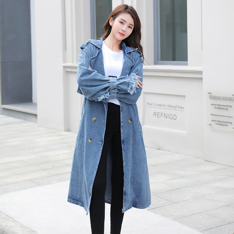 Loose Mid-length Coat With Belt Double Breasted Denim Women's Windbreaker