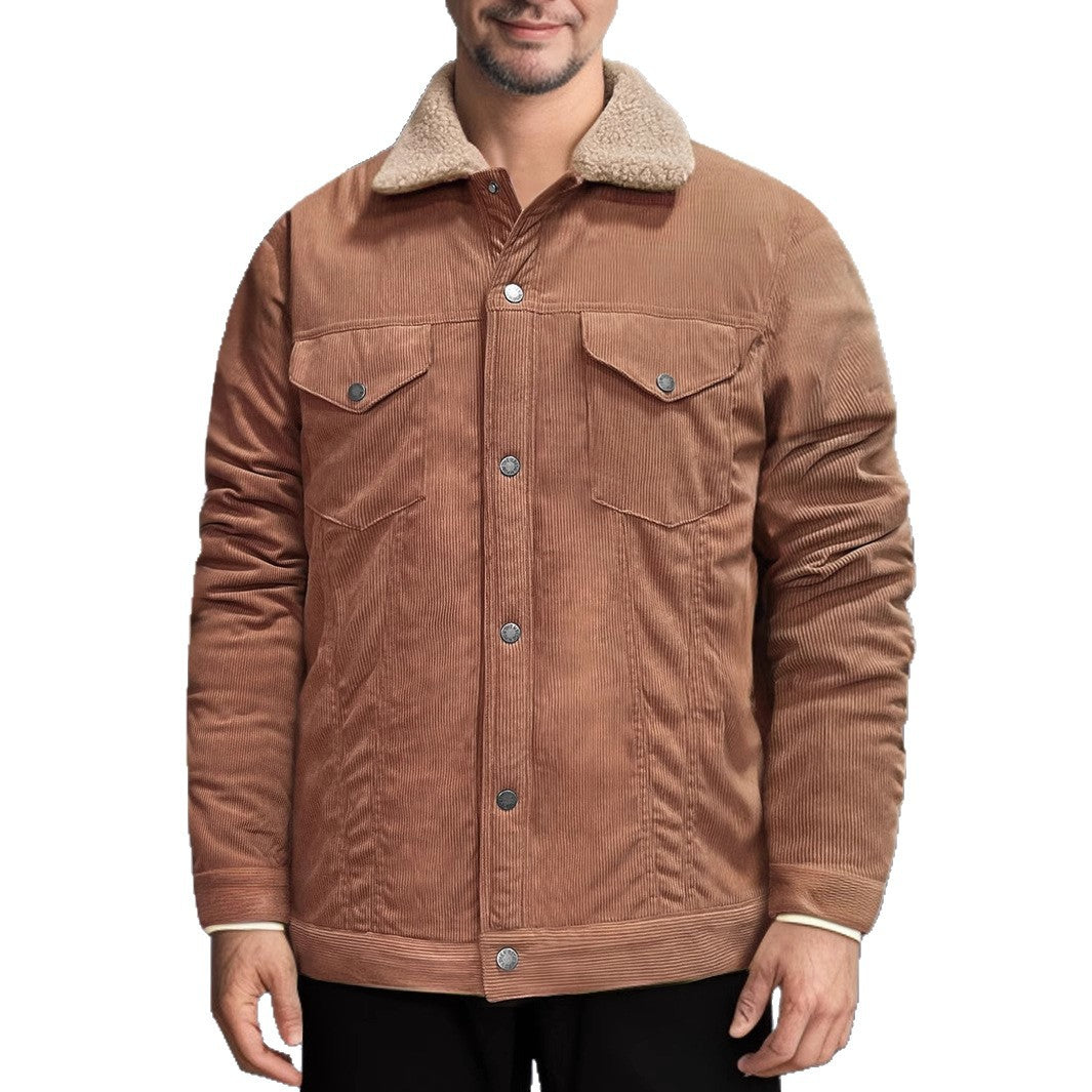 Men's Long Sleeve Lapel Corduroy Fleece-lined Jacket
