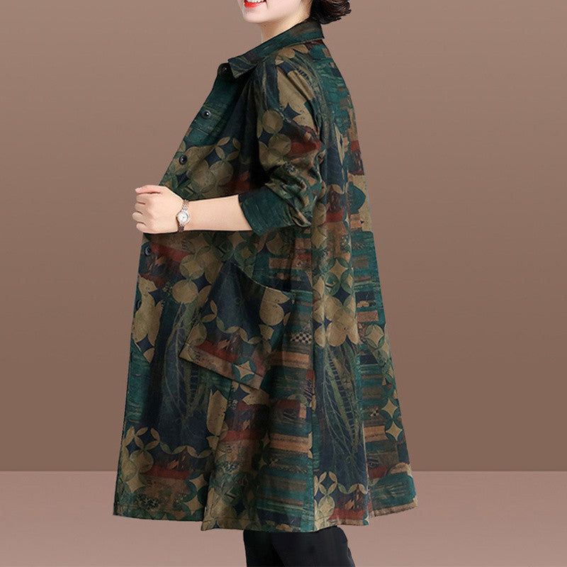 Plus Size Women's Clothing Spring And Autumn Floral Print Trench Coat