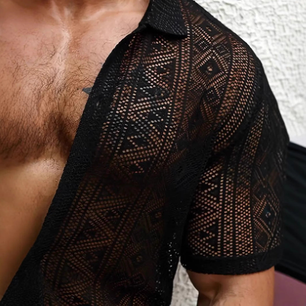 Men's Casual Lace Transparent Short-sleeved Shirt