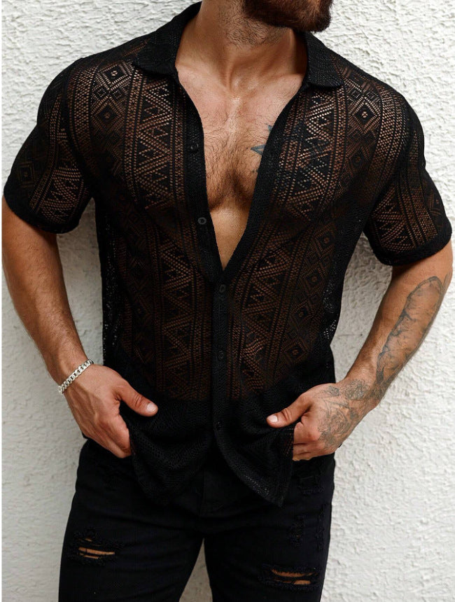 Men's Casual Lace Transparent Short-sleeved Shirt