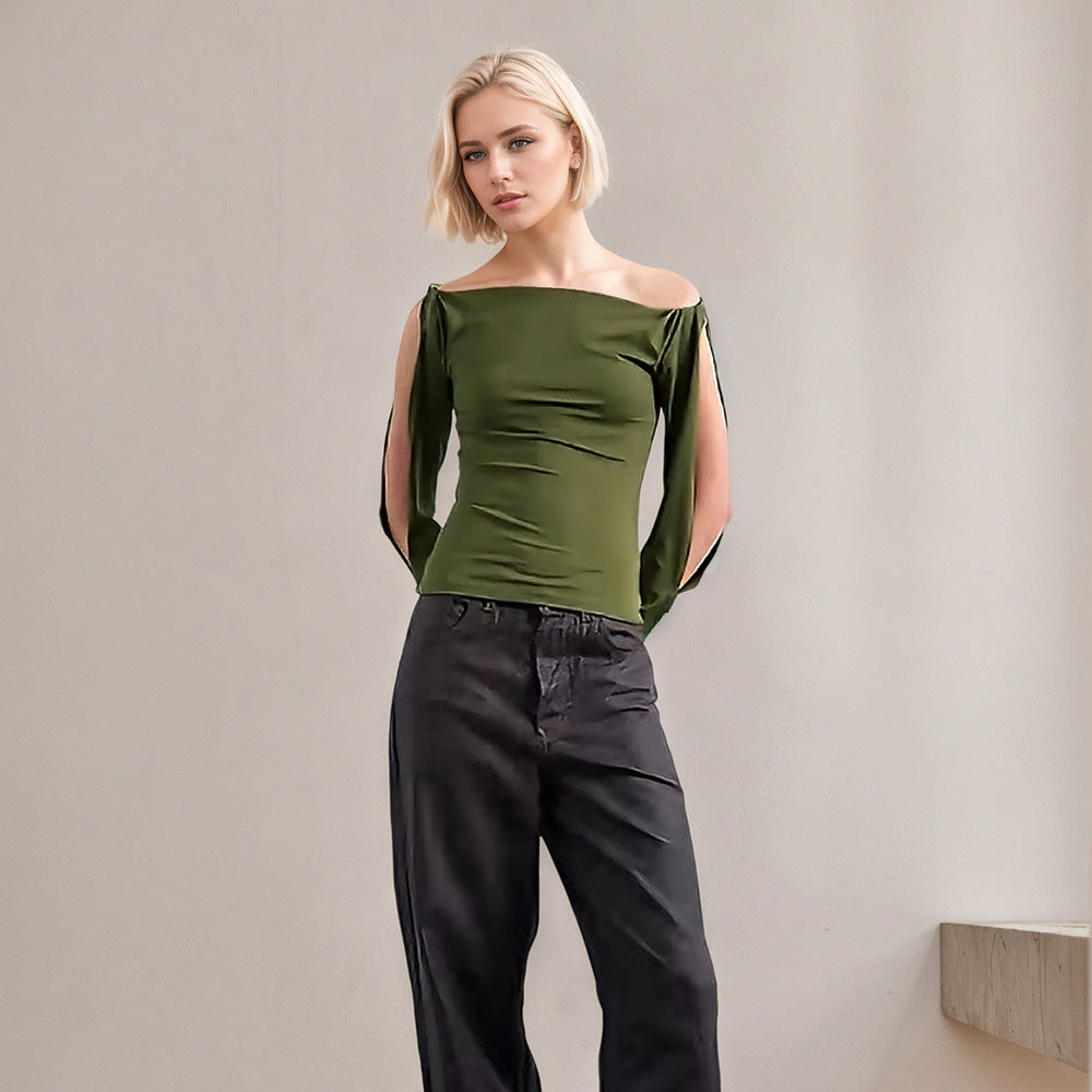 Women's Knit Top With A Boat Neckline Off-the-shoulder Design Long Sleeves Personalized Hollow-out Detailing And Twisted Cuff Accents For A Figure-hugging Fit