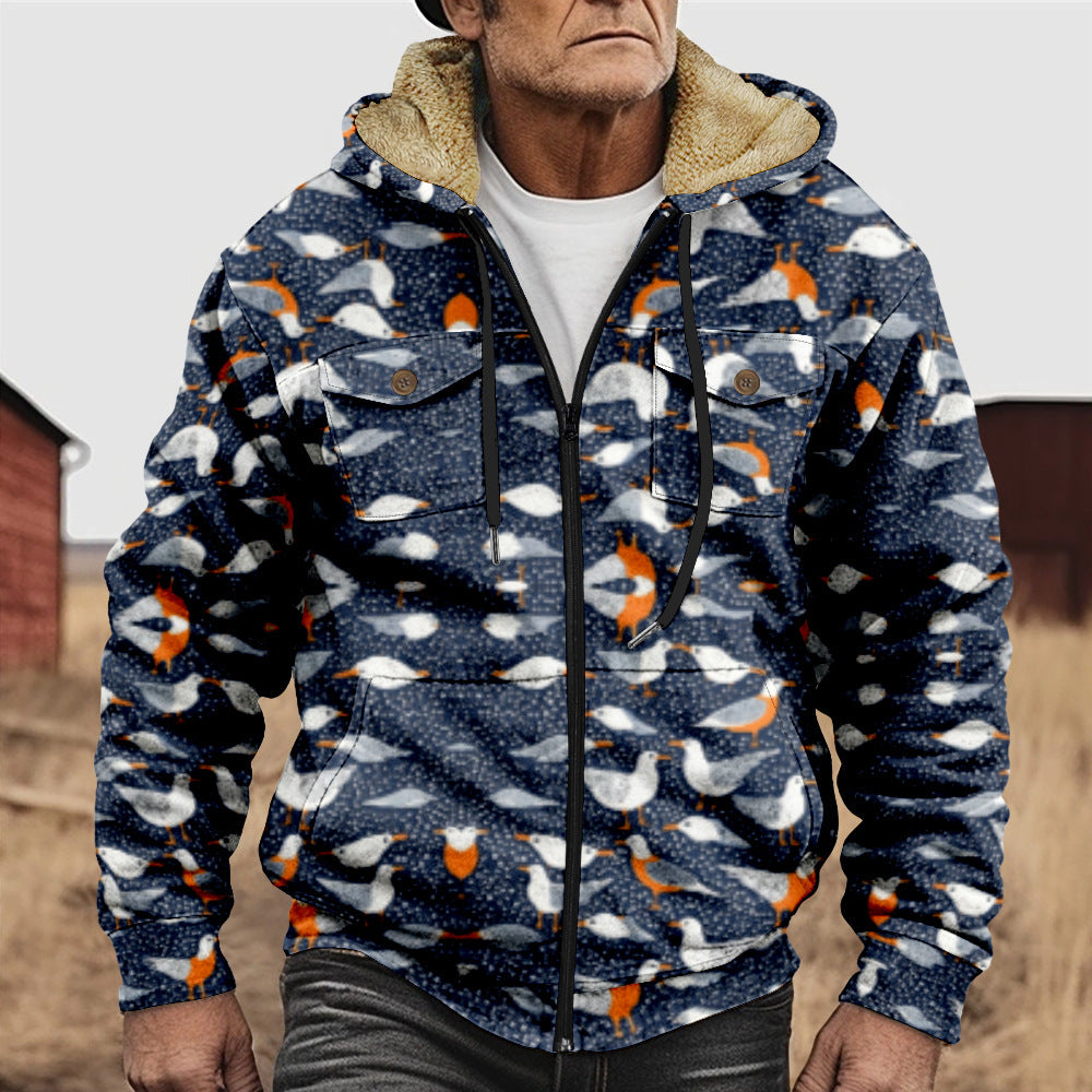 British-style Abstract Fashion Fleece-lined Cotton Coat With Hood And Zipper