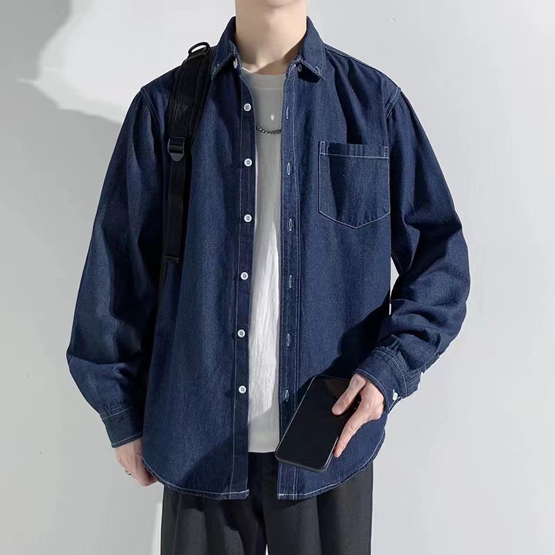 New Hong Kong Style Handsome Design Blue Denim Long Sleeve Shirt