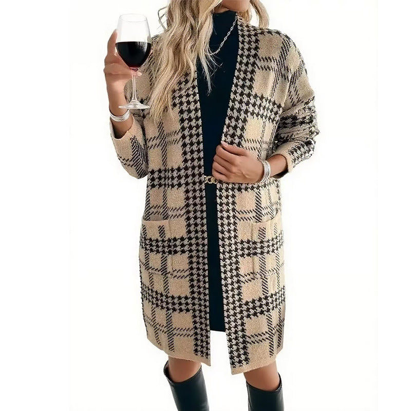Women's Houndstooth Knitted Long Knitted Jacket