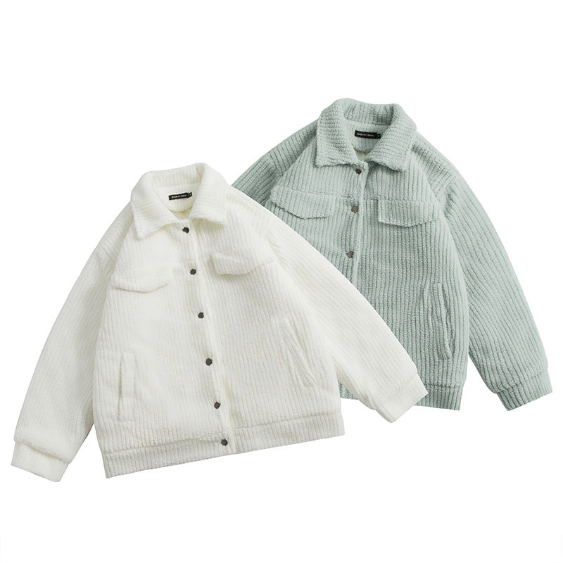 Vertical Striped Lamb Wool Cotton Coat With Solid Color Couple's Top