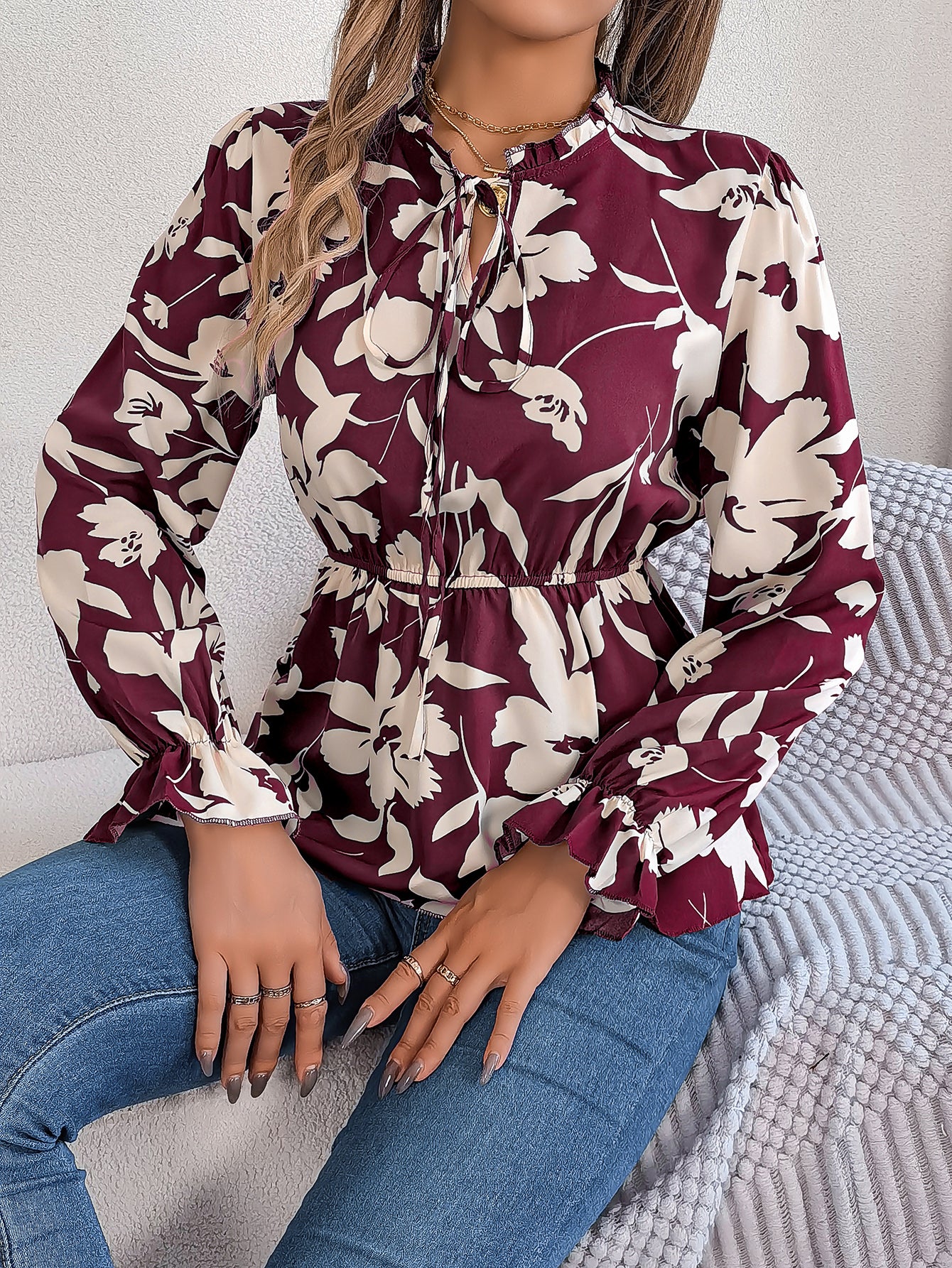 Women's Floral Tie-Waist Long Sleeve Chiffon Top