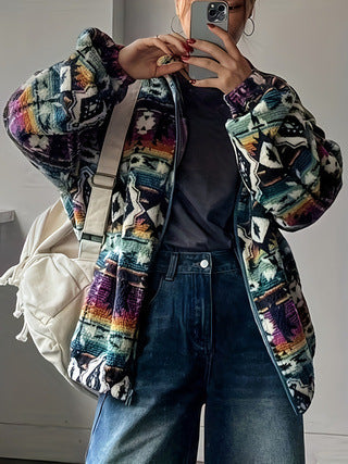 Ethnic-style Printed Fleece Zip-up Jacket For Warmth