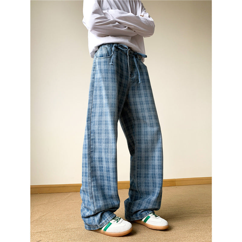 Retro Blue Plaid Wide-leg Skinny Jeans