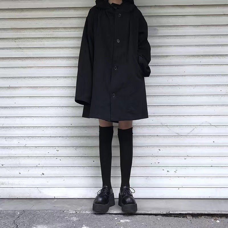 Dark Hooded Loose Coat Women's Clothing