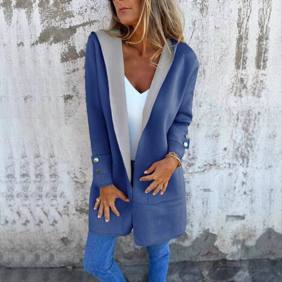 European And American Spring New Women's Clothing Casual Contrast Color Sweater Cardigan Hooded Coat