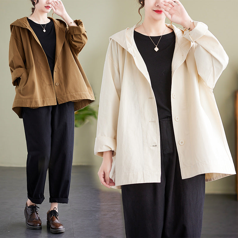 Hooded Loose Coat Women Retro Khaki Casual Cotton Artistic Stitching Women