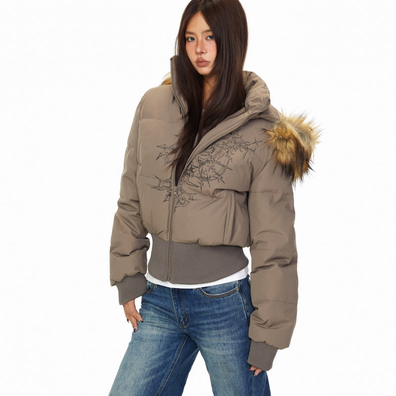 Detachable Fur Collar Printed Hooded Cotton Jacket Women's American Hot Girl
