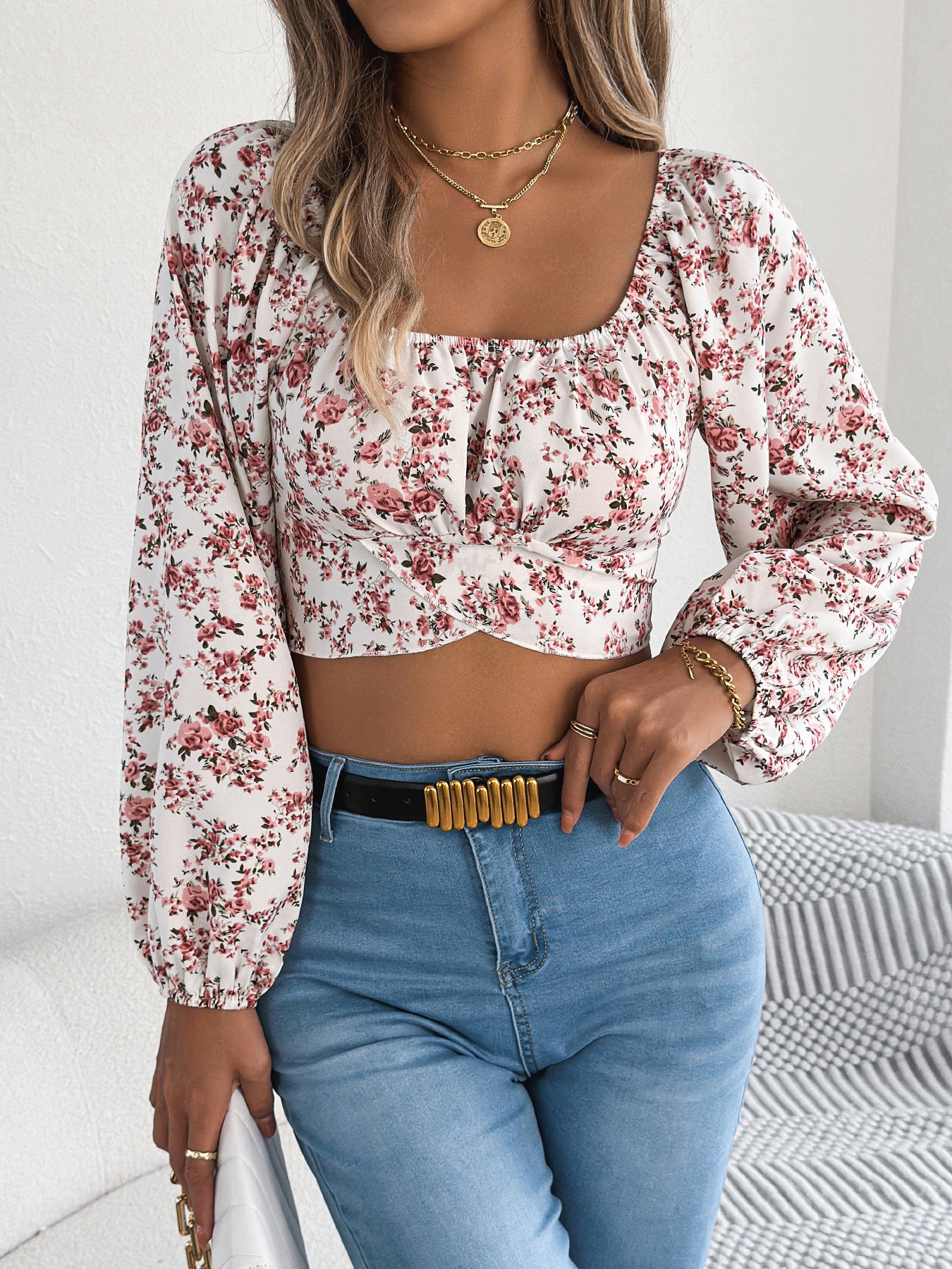 Women's Floral Lantern Sleeve Tie-Waist Chiffon Crop Top