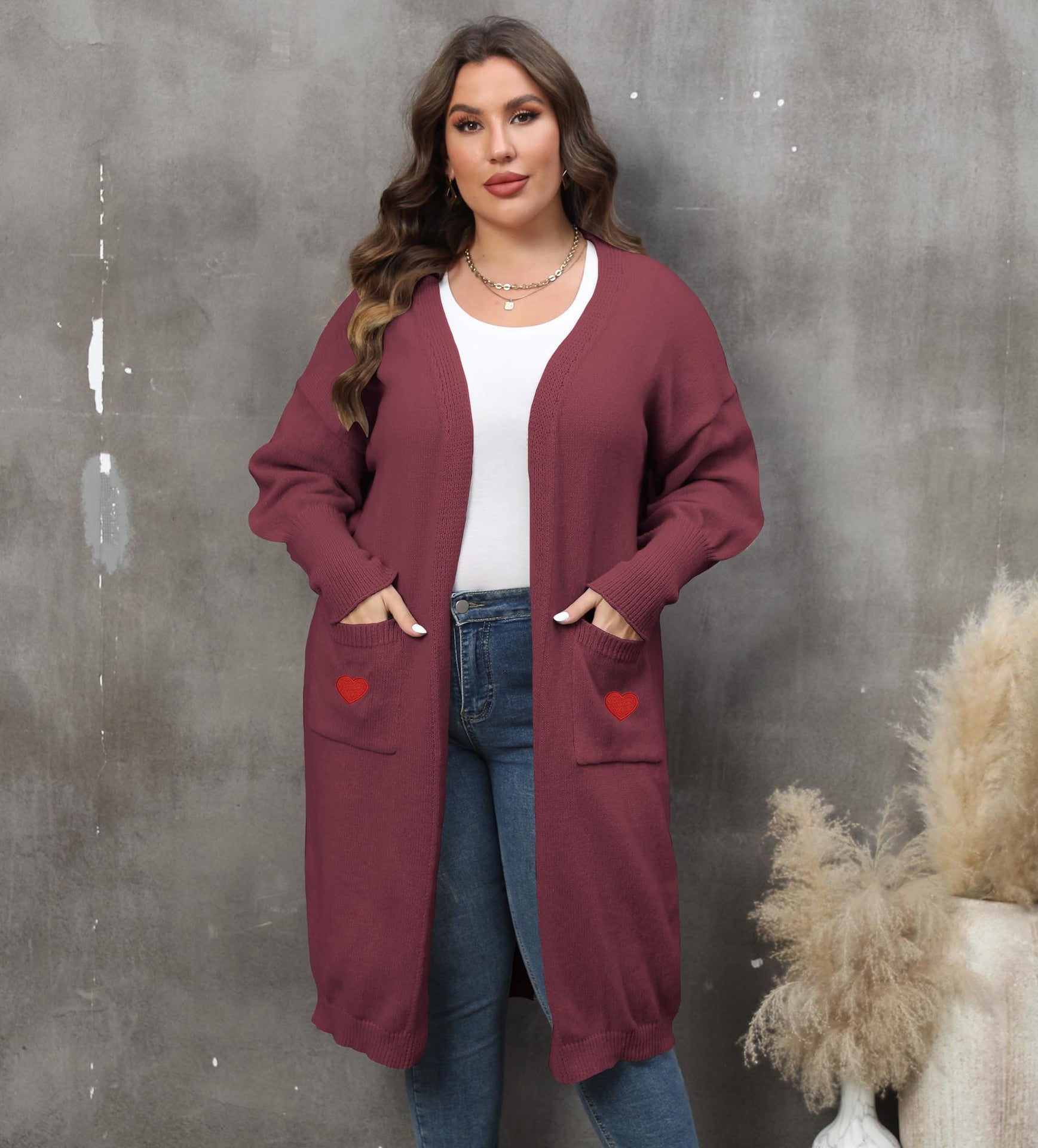 Women's Plus Size Mid-length Woven Love Double Pocket Lantern Sleeve Sweater Cardigan