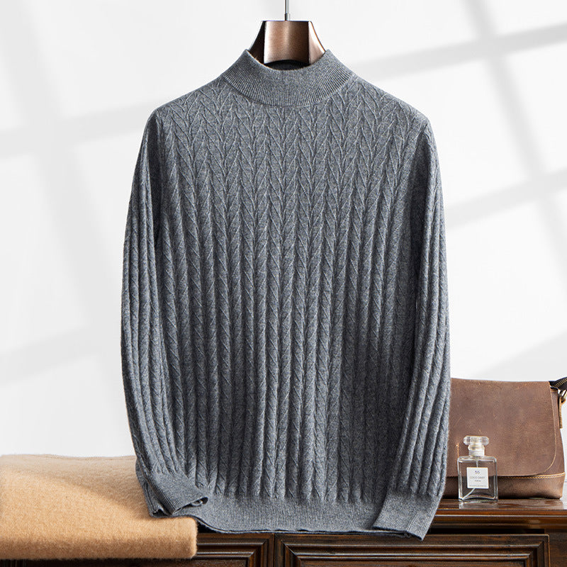 Thickened Wheat Jacquard Cashmere Sweater Men's Half-high Collar Solid Color Sweater