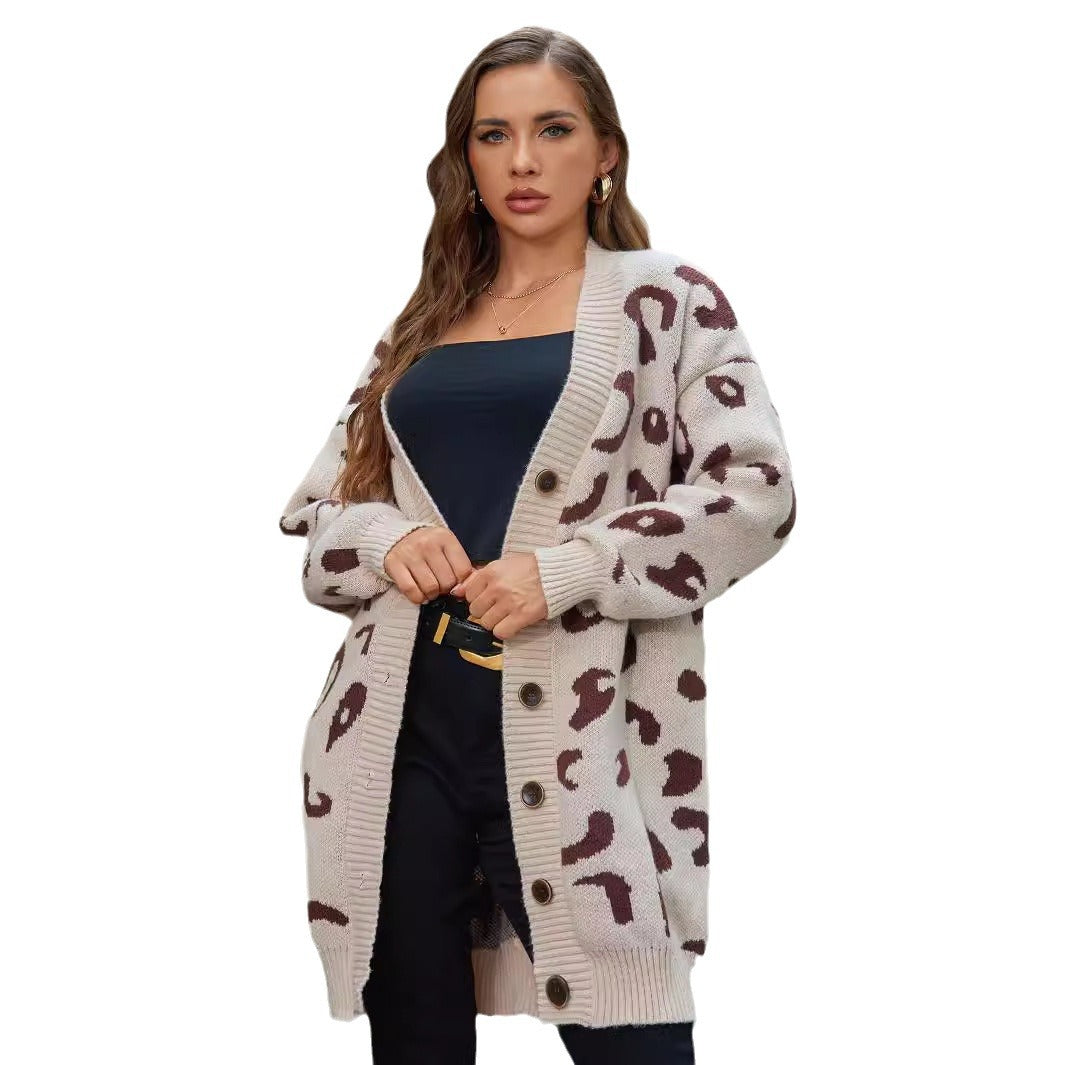 Women's Mid-length Leopard-print Sweater Baggy Coat