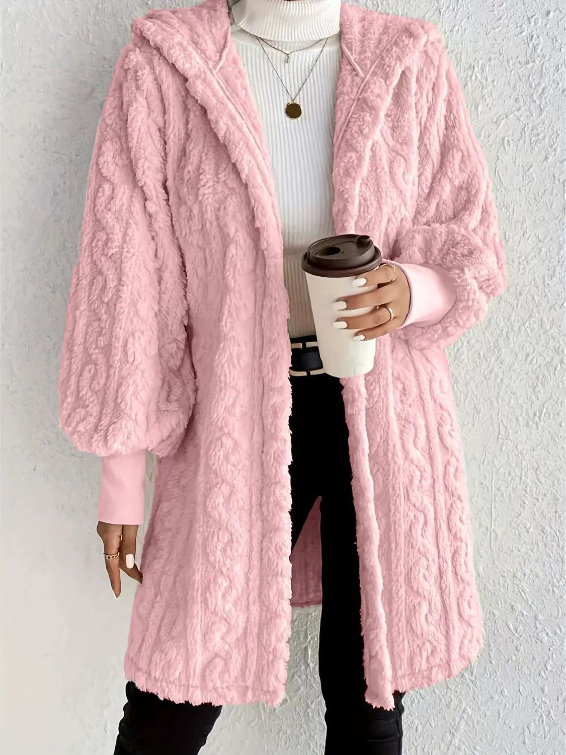 Hooded Double-sided Plush Cuff Thread Long Coat