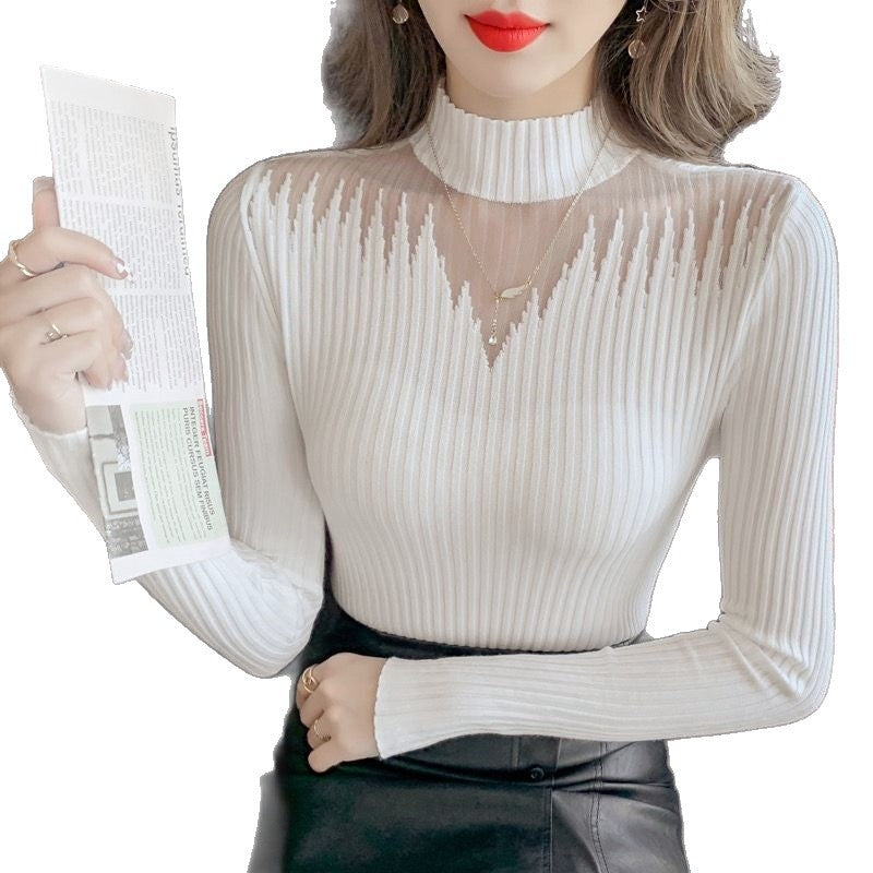 MeshPanel HalfHigh Neck Knitted Base Sweater For Women SlimFit Innerwear Stylish Top