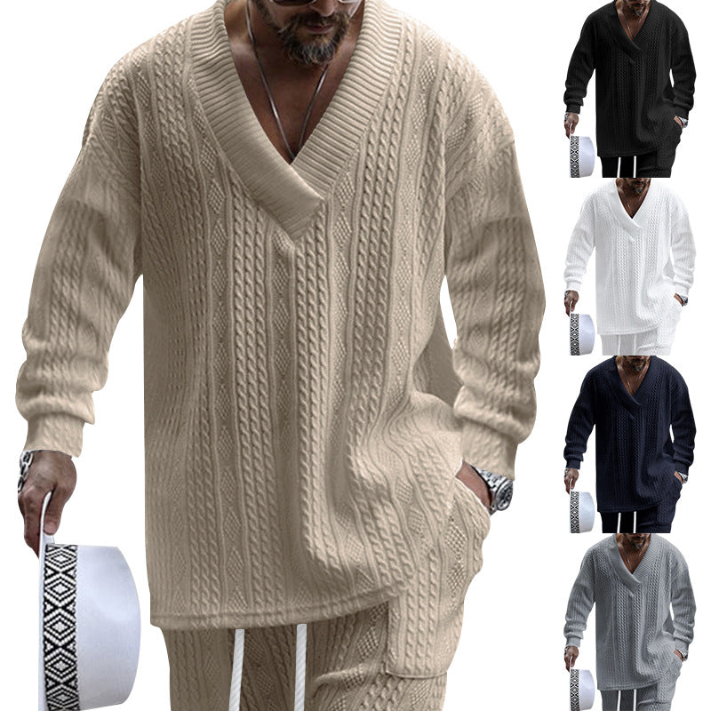 European And American Style Men's Clothing Jacquard Loose-fitting Knitted Solid Color Casual V-neck Long-sleeve Knitwear