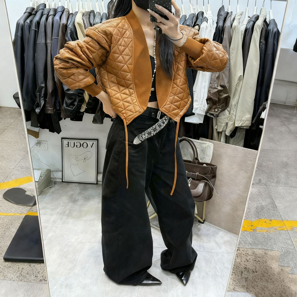 Temperament Long-sleeve Plaid Loose Cotton-padded PU Leather Jacket