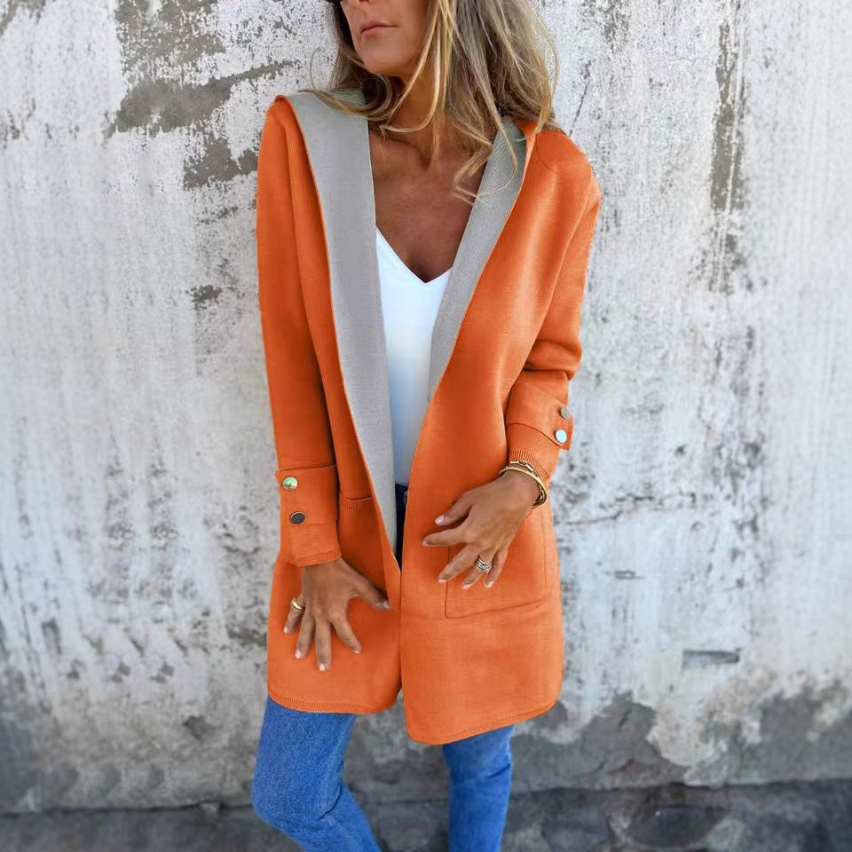 European And American Spring New Women's Clothing Casual Contrast Color Sweater Cardigan Hooded Coat