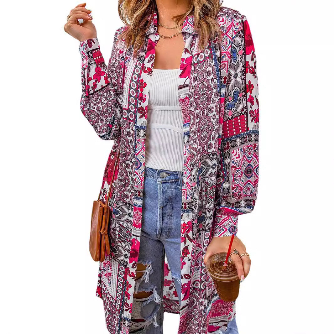 Bohemian Shirt Lapel Loose Casual Printed Long Cardigan