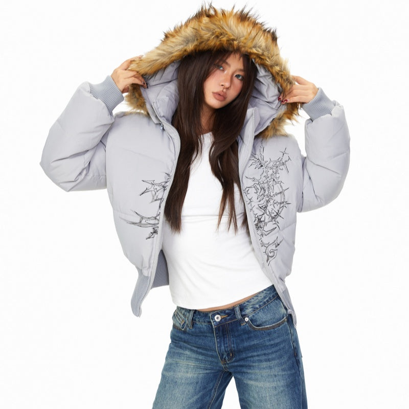 Detachable Fur Collar Printed Hooded Cotton Jacket Women's American Hot Girl