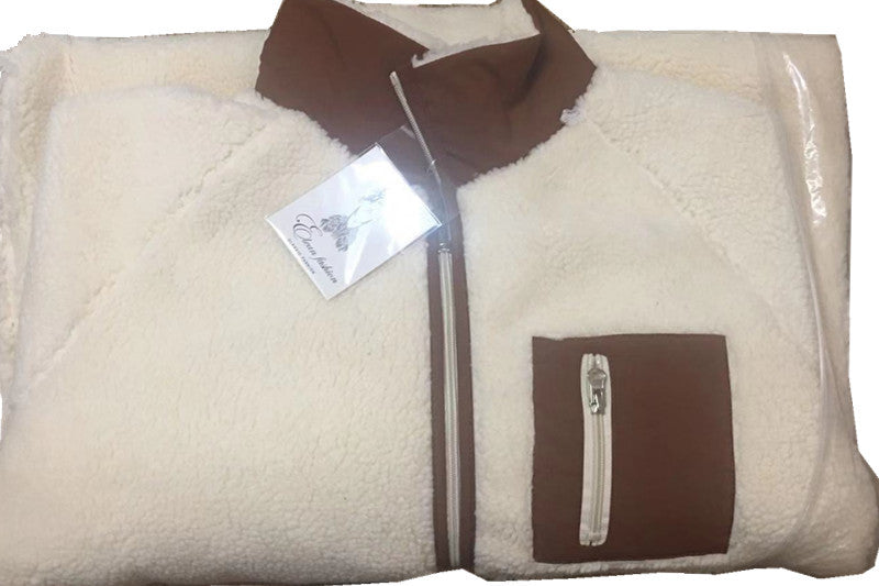 Stand Collar Color Matching Lambswool Two-sided Zipper Coat