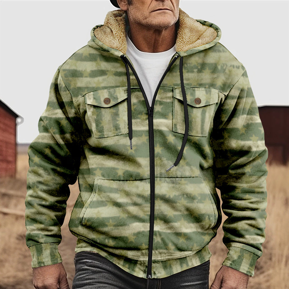 British-style Abstract Fashion Fleece-lined Cotton Coat With Hood And Zipper