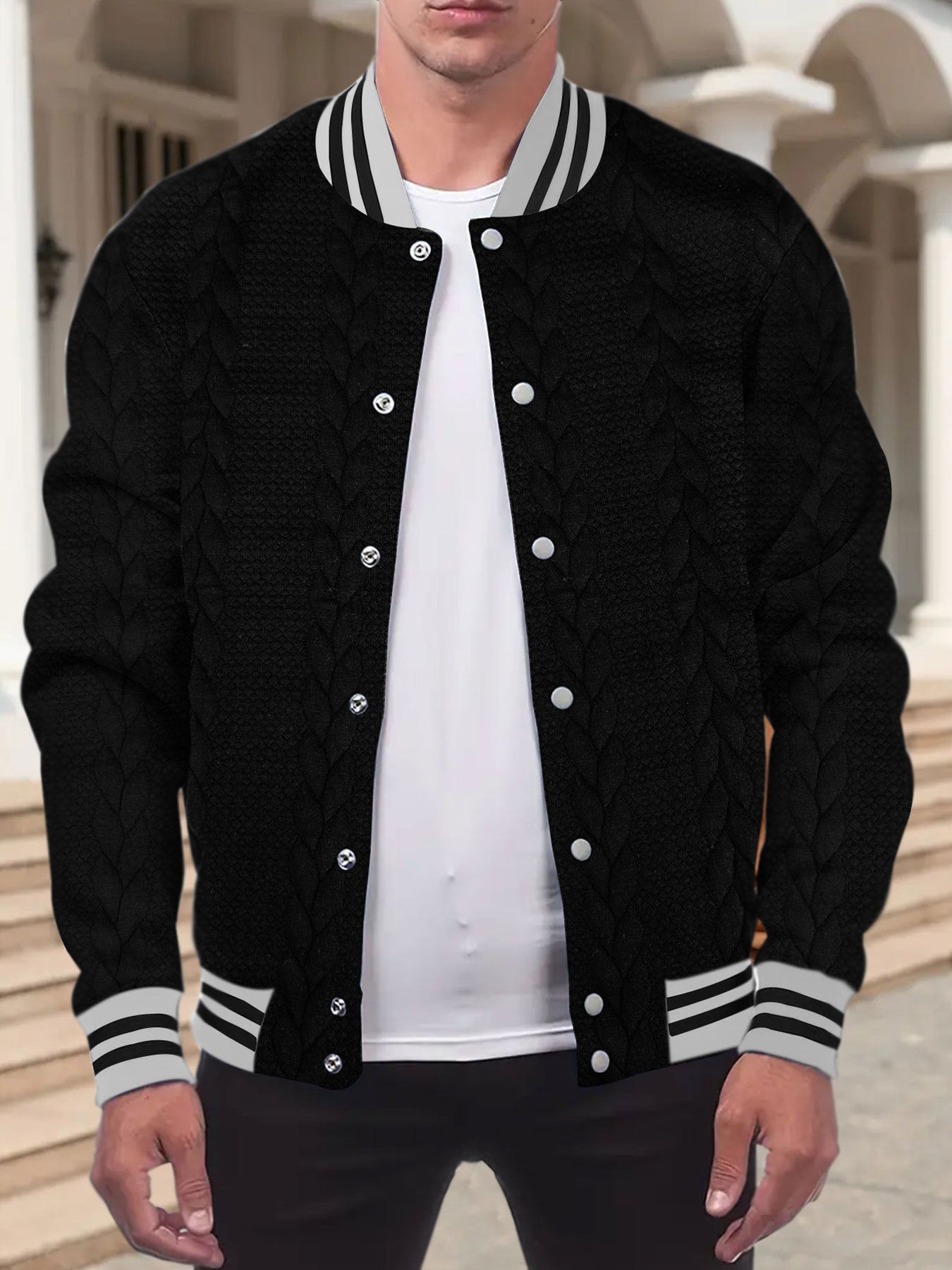 Jacquard Button Design Trendy Fashion Solid Color Men's Cardigan Baseball Jacket