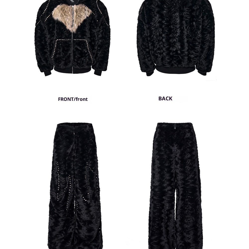 Color-blocked Heart-patterned Thick Faux Fur Hooded Jacket