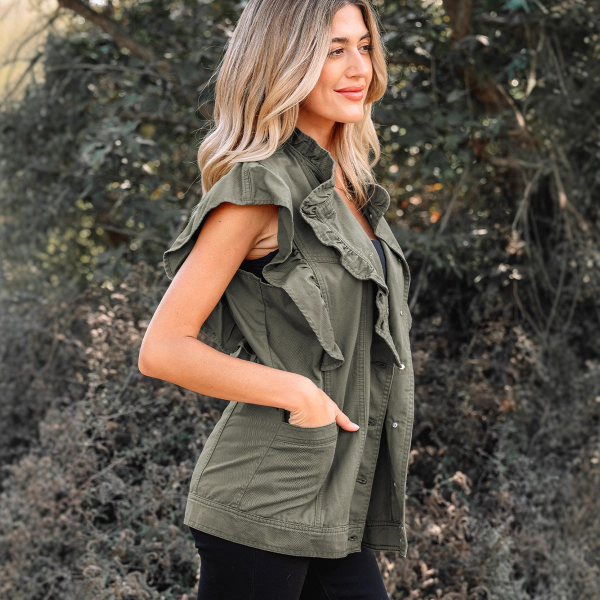 Green Bay Ruffled Patchwork Denim Jacket Vest