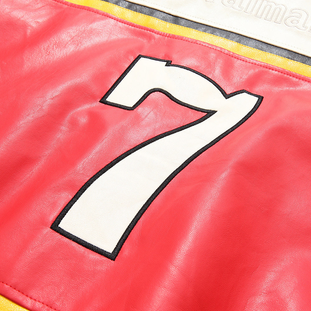 Men's Colorblock Stitching Zipper Stand Collar Leather Jacket