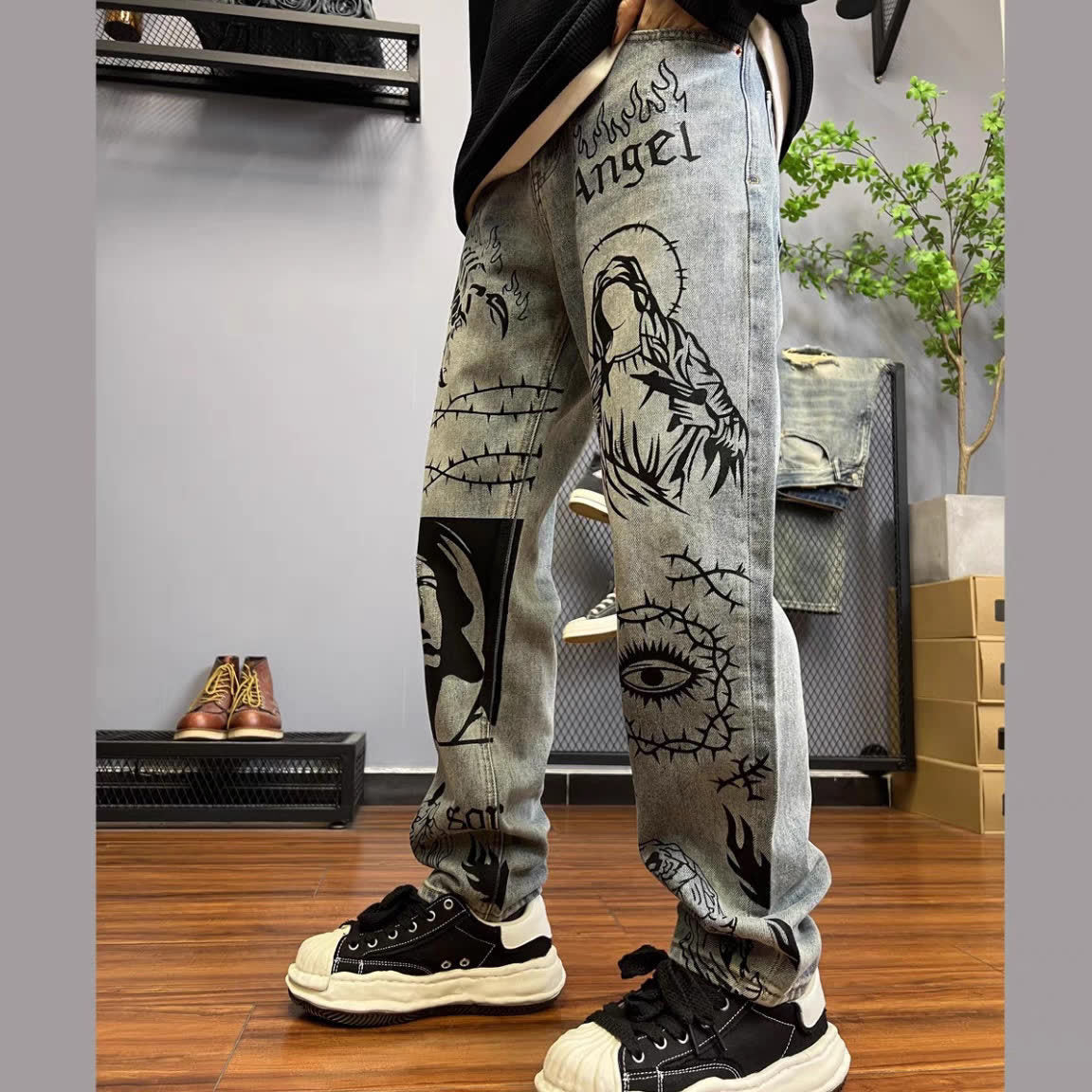 Slightly Pulled Doodle Hand Drawn Dirty Gradual Change From Black To Gray Jeans