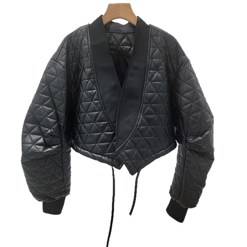 Short Quilted Leather Motorcycle Jacket Women