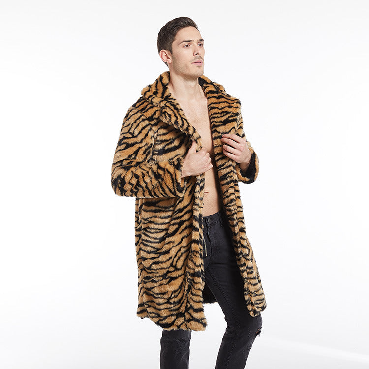 Men's Faux Fur Coat Tiger Pattern Long-cut
