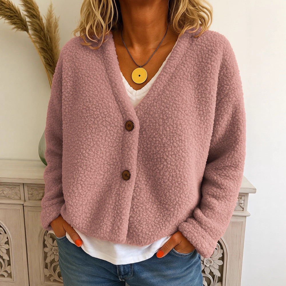 Casual V-neck Long Sleeve Cardigan Solid Color Fleece Button Coat