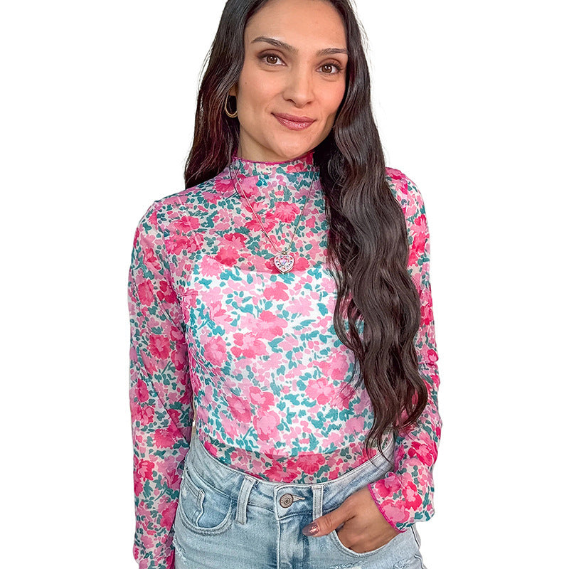 Women's Round-neck Fashionable Versatile Floral-print Top