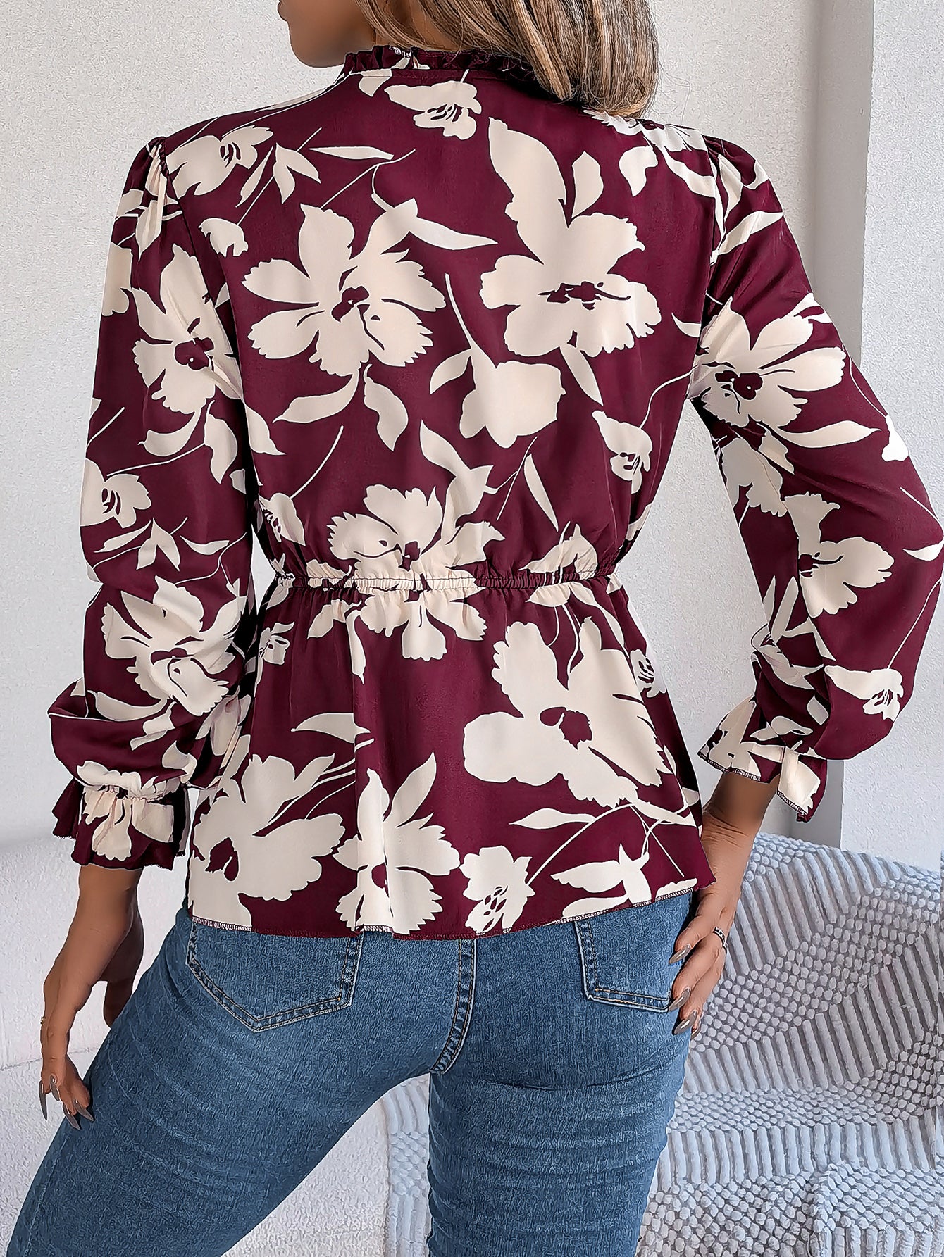 Women's Floral Tie-Waist Long Sleeve Chiffon Top