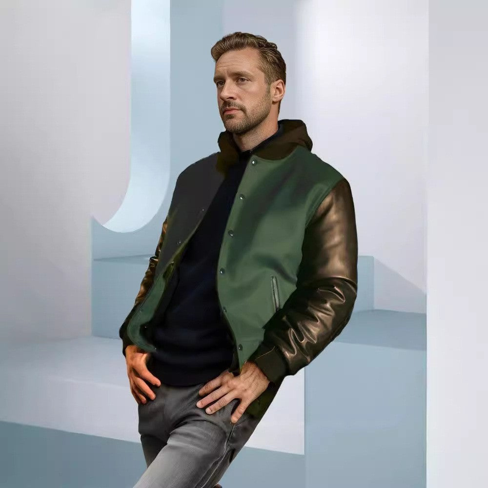 Men's PU Leather Sleeve Spliced Flight Jacket